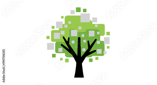A stylized illustration of a tree with green leaves and a black trunk surrounded by scattered gray and green pixels in a digital artwork.