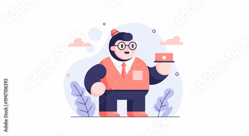 Cheerful character in coral vest, tie, and dark pants holds tray with item