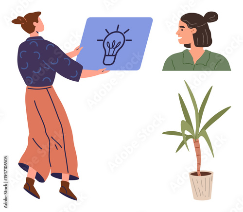 Brainstorming, creativity, innovation, teamwork, design, workspace. Woman presenting light bulb idea, another face profile and a potted plant. Brainstorming and creativity concept