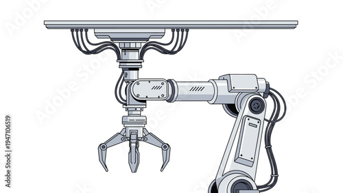 Industrial robotic arm mounted on a ceiling track designed for automation and precision tasks in a modern factory setting.