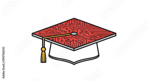 A close-up view of a red graduation cap with a gold tassel and intricate design on the square academic hat.