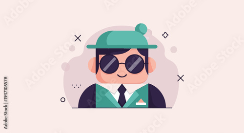Stylized cartoon person wearing a hat and sunglasses, dressed formally