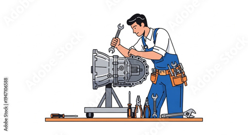 Mechanic Working on Engine.