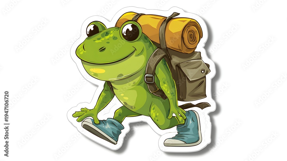 Obraz premium Cute cartoon frog adventurer with backpack on a journey.
