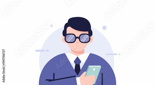 A stylized man in a suit and glasses holds a phone