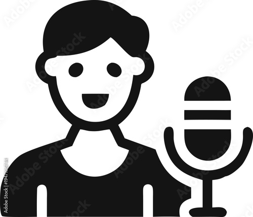 Smiling person presenting a podcast or recording audio content with a professional microphone