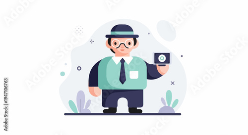 Cartoon figure in a hat and glasses holds a camera, with plants