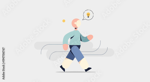 A stylized figure walks with a glowing idea bulb above its head