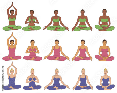 Big set of vector illustrations of woman in different yoga poses for meditation, relaxation, concentration. Silhouettes of women of african, asian and european nationaliny sitting in lotus.