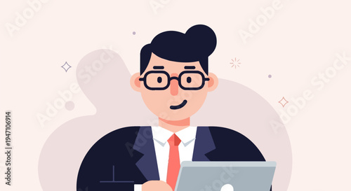 A man in a suit with glasses holds a laptop, smiling