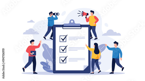 Group of professional business people working together to manage tasks and complete goals using a large checklist on a clipboard.