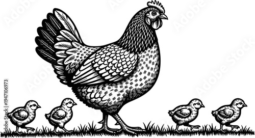 Mother hen with small baby chicks walking on grass vector illustration, black and white woodcut style poultry farm bird icons.