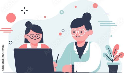 Two individuals collaborate around a laptop with a plant nearby