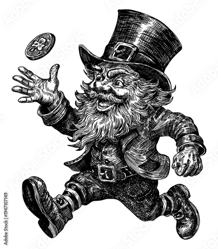 leprechaun tossing coin with shamrock symbol isolated Saint Patricks Day hand drawn sketch vector illustration for holiday celebration Irish culture card design