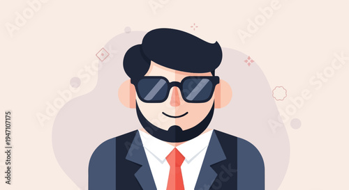 Trendy man with beard and sunglasses wearing a suit and red tie