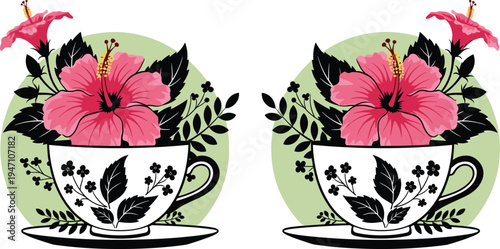Hibiscus flowers in teacup botanical illustration, decorative floral tea cup design with tropical blooms isolated on white background