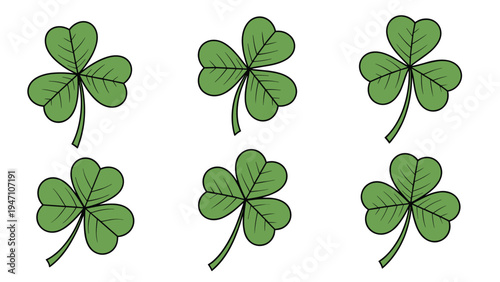 Set of six identical green three leaf shamrock clovers arranged in two rows for st patricks day and luck themed decorations.