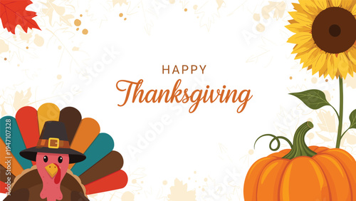 Festive happy thanksgiving greeting banner decorated with a cute cartoon turkey, a large orange pumpkin, and a vibrant sunflower.