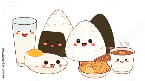 Collection of cute japanese breakfast food characters including onigiri rice ball toast fried egg milk and natto in kawaii style illustration