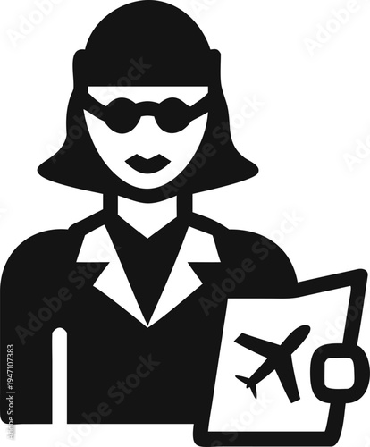 Stylish female traveler wearing sunglasses holds a flight document with an airplane symbol