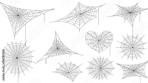 Large collection of different spider web designs including heart shaped, triangular, and circular patterns for creative projects.