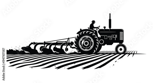 Vintage style illustration of a farmer driving a tractor plowing a field