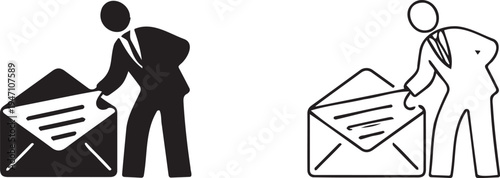 Businessman Sending or Receiving Mail Icon Set Vector - Black Silhouette and Outline Style for Communication, Email, and Message Concepts