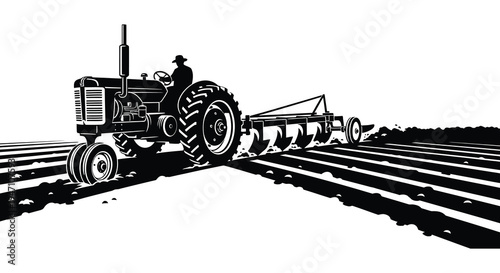 A vintage tractor plowing a field depicted in a striking black and white woodcut style