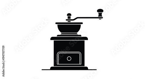 Simple black silhouette of a vintage hand crank coffee grinder on a white background