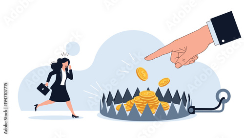 Concerned businesswoman running towards a dangerous bear trap filled with golden coins as a warning against financial risks.