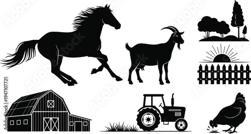 Farm life silhouette illustration featuring horse, goat, chicken, barn, tractor, sunrise, trees, and grass, rural countryside design for agriculture, nature, and education themes