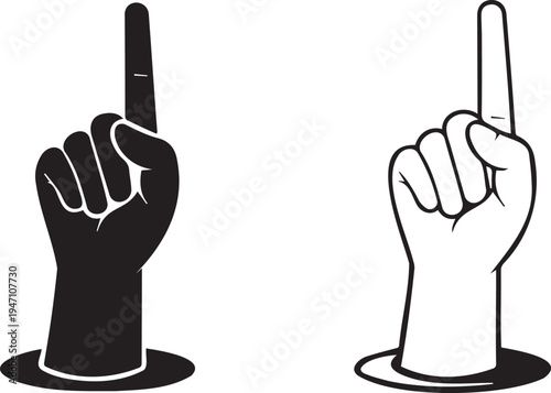 Set of Two Hand Gestures Vector Illustrations: Black Silhouette and Outline of a Hand with Index Finger Pointing Upwards, Representing Number One or Direction