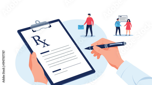 Doctor hand signing a medical prescription on a clipboard with pharmaceutical icons and healthcare professionals in background.