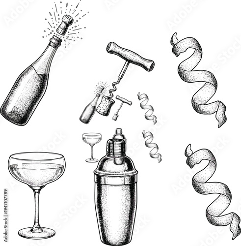 Vintage cocktail bar illustration set with champagne bottle corkscrew shaker coupe glass engraving style bartender tools vector collection