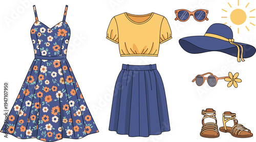Summer fashion illustration featuring floral sleeveless dress, cropped top with pleated skirt, sunhat, sunglasses, and sandals, stylish vacation outfit design for warm weather