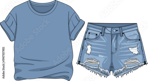 Trendy casual summer outfit illustration featuring blue rolled-sleeve t-shirt and distressed denim shorts with ripped frayed details, stylish warm weather fashion apparel design