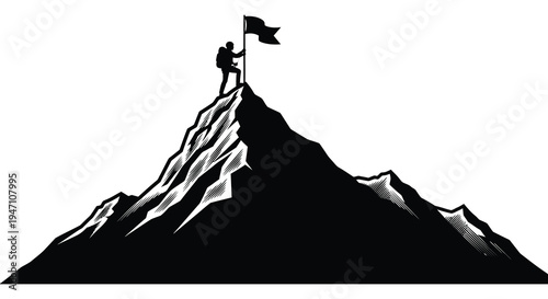 Silhouette of a person triumphantly standing atop a mountain with a flag