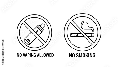 Warning signs for no vaping allowed and no smoking with black line icons and text on a plain white background for public safety.