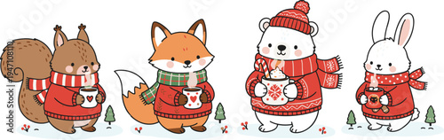 Cute winter woodland animal vector set featuring squirrel fox polar bear and rabbit wearing red sweaters and scarves holding hot cocoa for cozy holiday greeting card design projects.