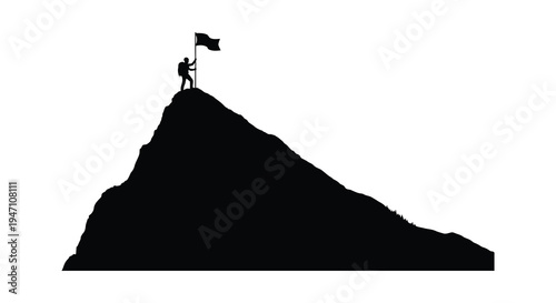 Silhouette of a hiker triumphantly raising a flag atop a mountain peak