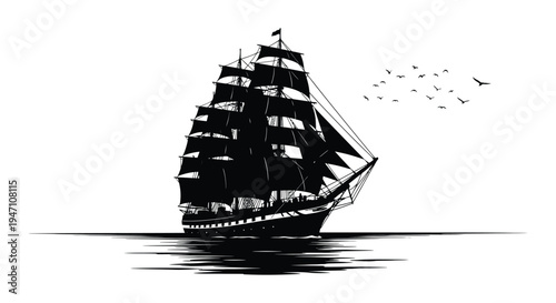 A striking black and white illustration of a tall sailing ship on calm waters