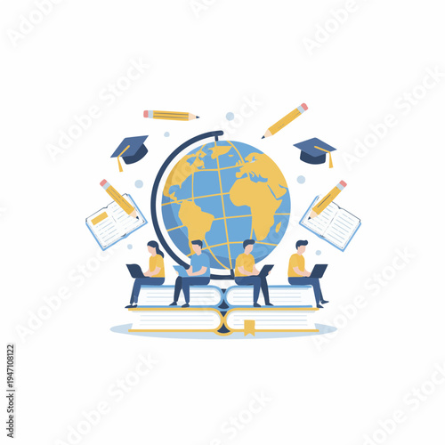 Online education concept with students using laptops around a globe, surrounded by books, pencils, and graduation caps