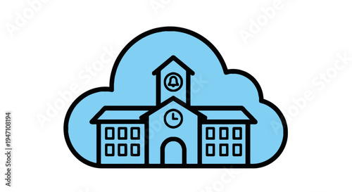 A digital illustration of a school building on a cloud, representing education technology.