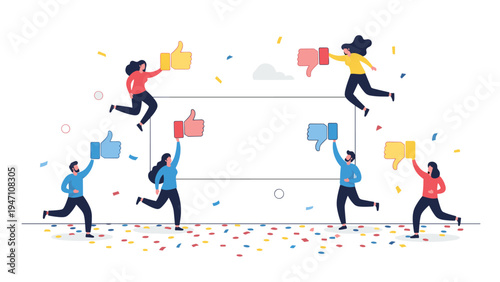 Group of diverse people holding large thumbs up and thumbs down icons for feedback and customer review around a banner.