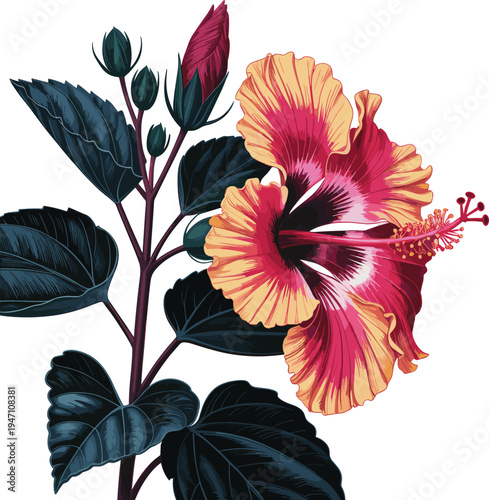 Tropical hibiscus flower botanical illustration, vibrant red yellow bloom with dark leaves, exotic floral plant isolated on white