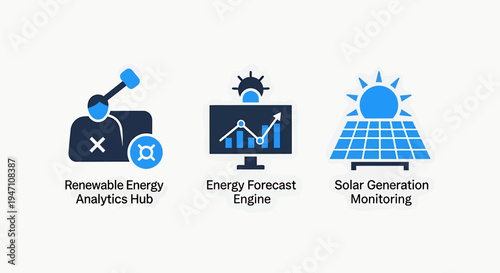 Renewable energy analytics hub, energy forecast engine, and solar generation monitoring icons
