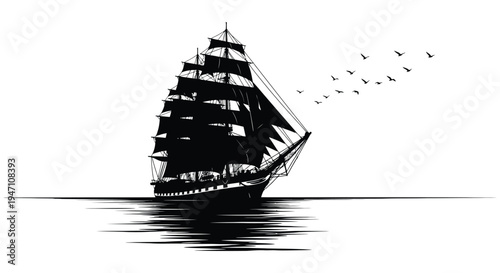 A striking silhouette of a tall sailing ship with birds against a white background