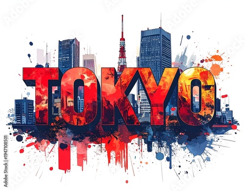 Cityscape blended into stylized text, red and blue hues, abstract paint splatters form a horizon