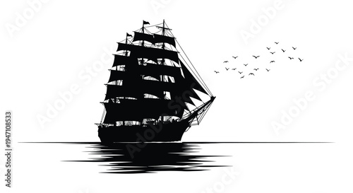 A silhouetted tall ship sailing on calm waters accompanied by a flock of birds