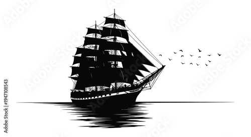A striking black and white silhouette of a tall sailing ship with birds in flight